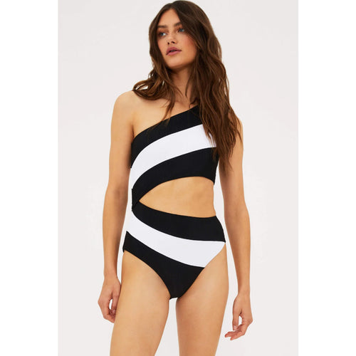 BEACH RIOT Women's Joyce One Shoulder One Piece Swimsuit Large Black White NWT