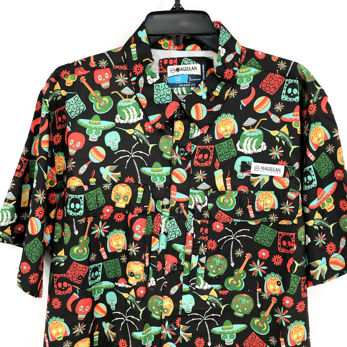 MAGELLAN Dia De Los Muertos Print Fishing Shirt XS Black Short Sleeve NWOT