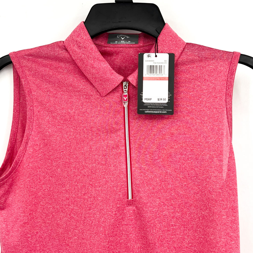 CALLAWAY Womens Sleeveless Polo Shirt XS Pink Peacock 1/4 Zip Golf NWT