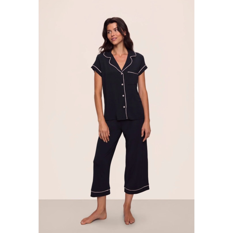 EBERJEY Gisele Short Sleeve Cropped PJ Set Medium Black Pink TENCEL Modal NWT