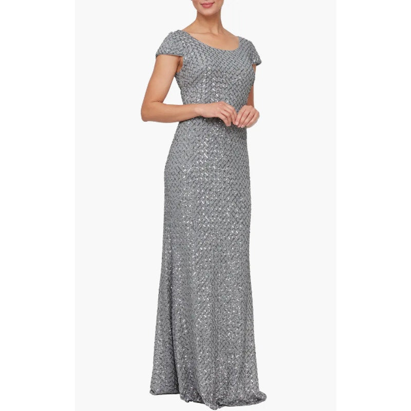 ALEX EVENINGS Sequin Scoop Neck Gown Size 16 Silver Gunmetal Cap Sleeve NWT