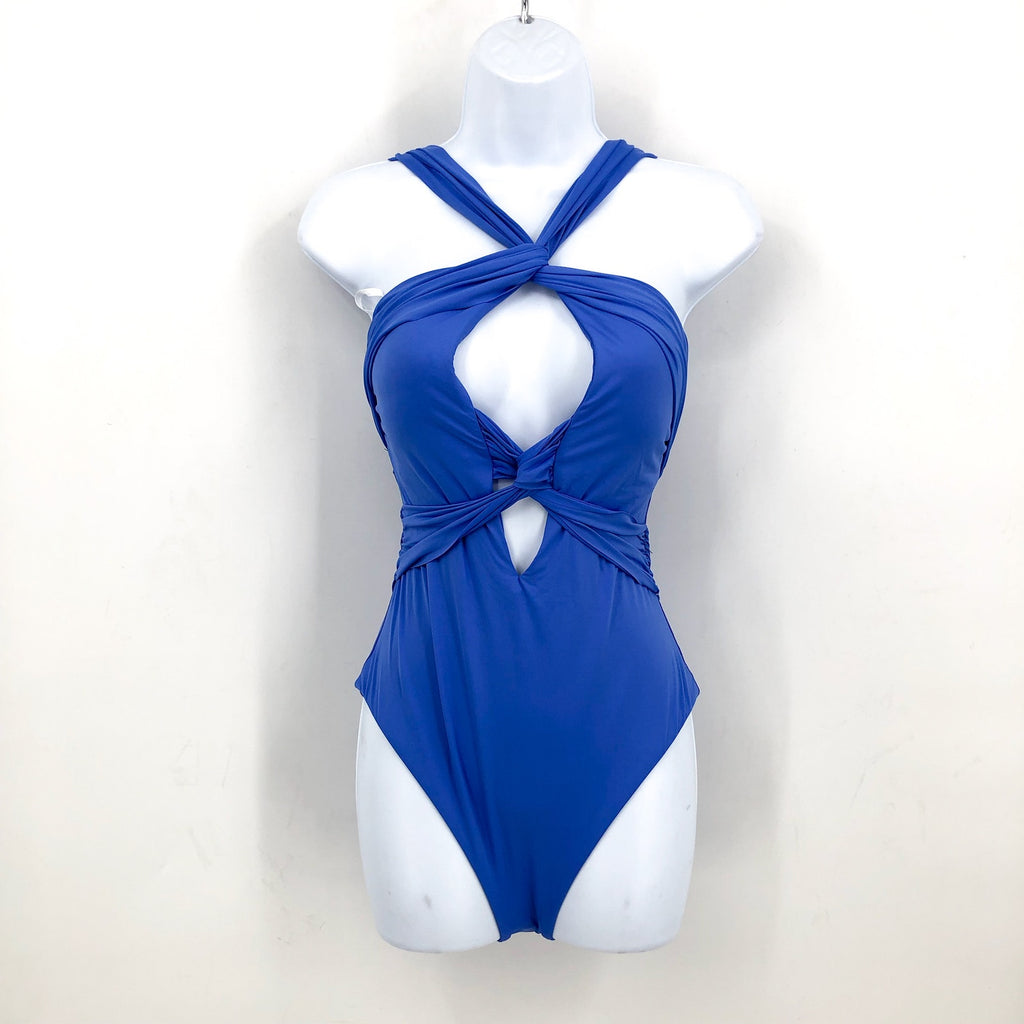 BECCA Women's Gracelyn High Neck One Piece Swimsuit Large Blue Cornflower NWT