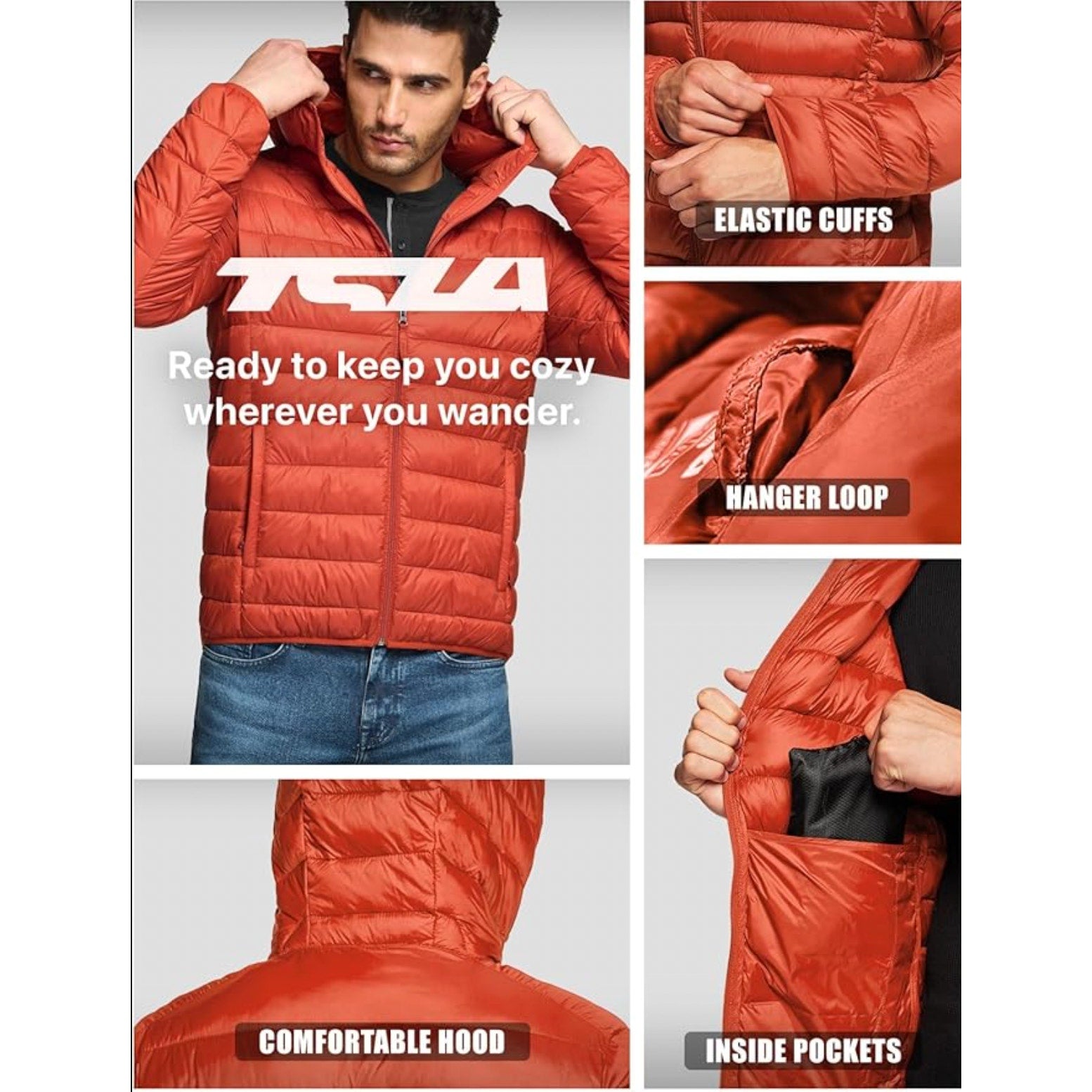 TSLA Mens Ascent Puffer Jacket Large Orange Red Lightweight Packable NWOT