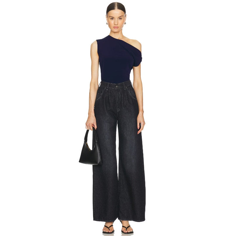 NORMA KAMALI Women's Drop Shoulder Top XS Midnight Navy Blue Jersey Stretch NWT