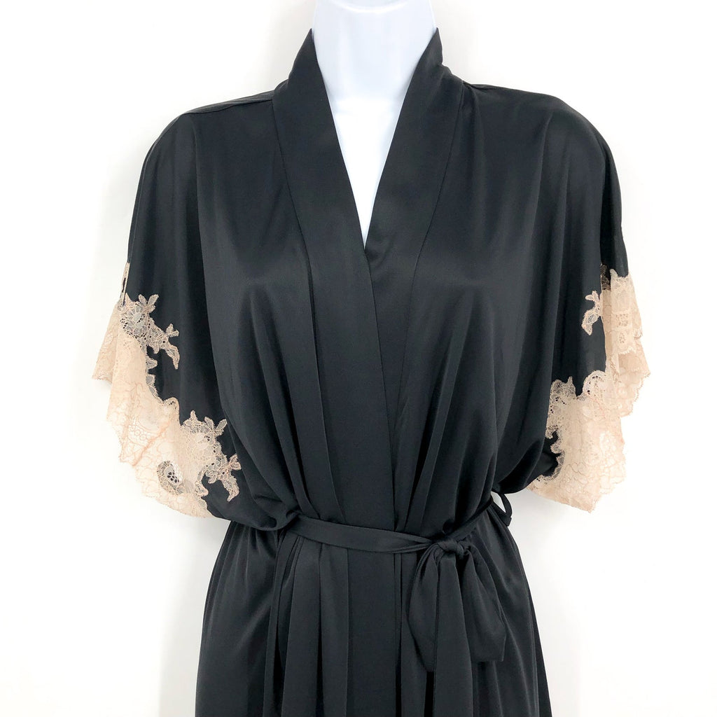 NATORI Women's Enchant Lace Trim Robe Small Black Short Sleeve Tie Waist NWT
