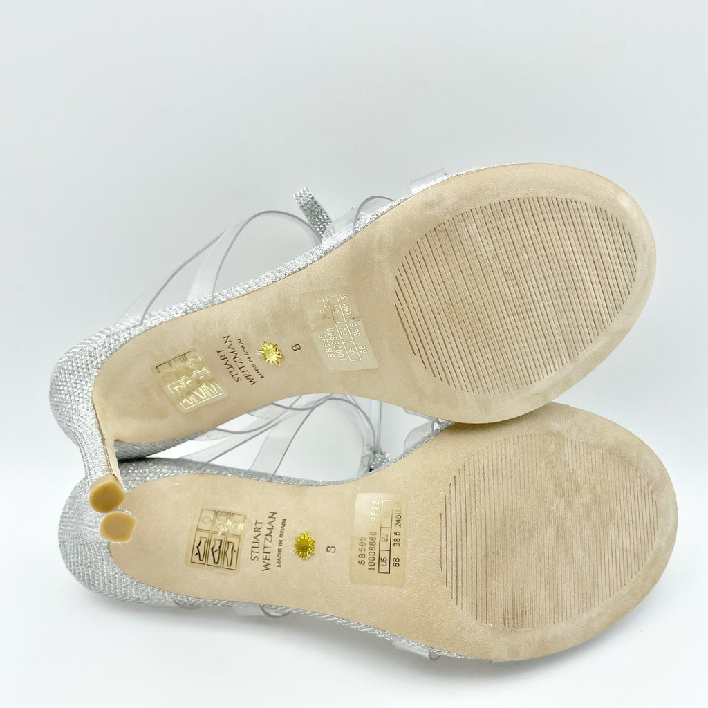 Stuart Weitzman Womens Bow 100 Slide Heel Sandals US 8 M EU 38.5 Silver NWOB