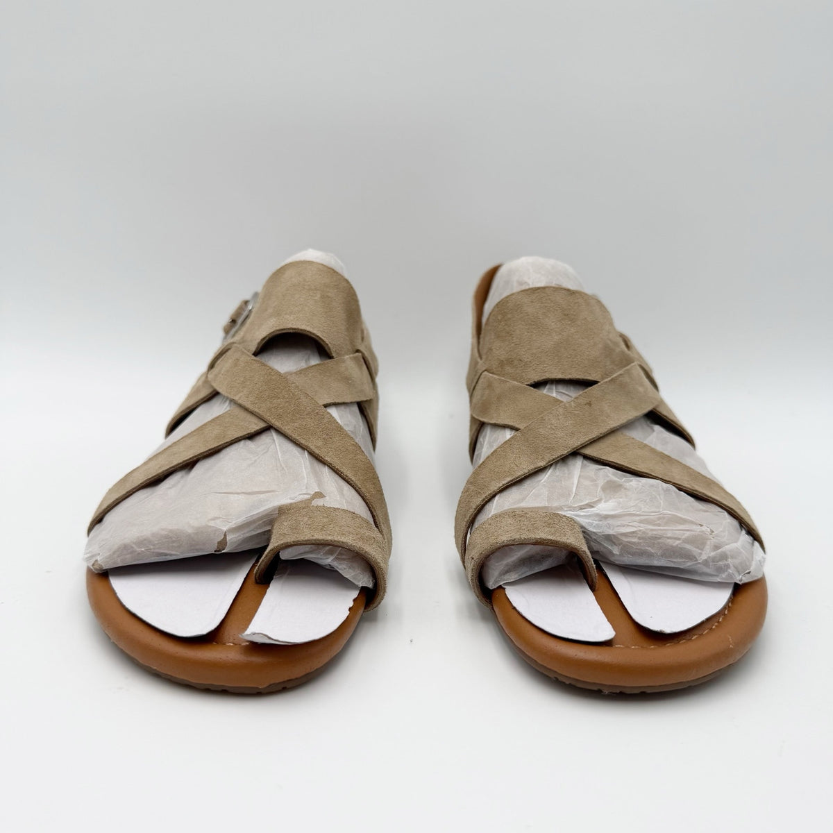 Franco Sarto Womens Gia Flat Sandals Size 7.5 M EU 38 Taupe Tan Suede NWOB