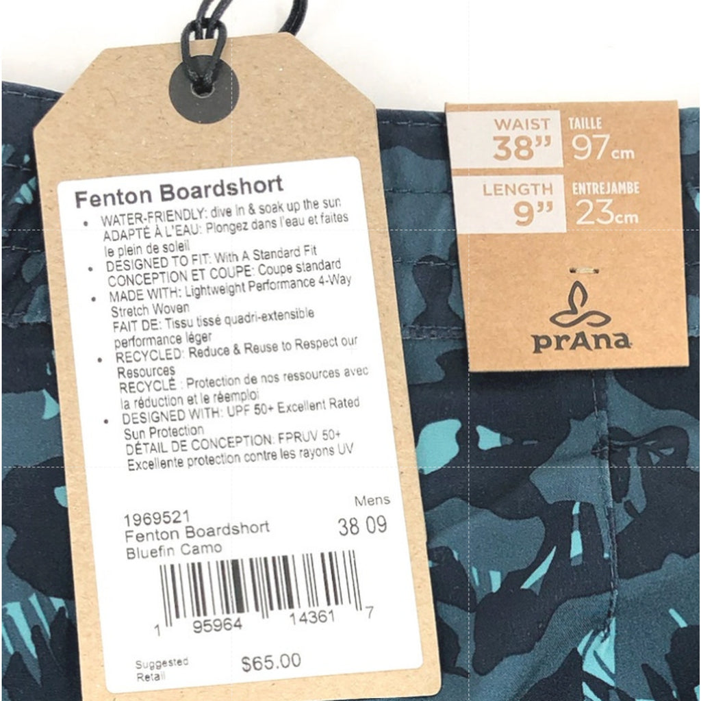 PRANA Men's Fenton Board Shorts Size 38 XL Bluefin Camo 9" Inseam UPF 50+ NWT