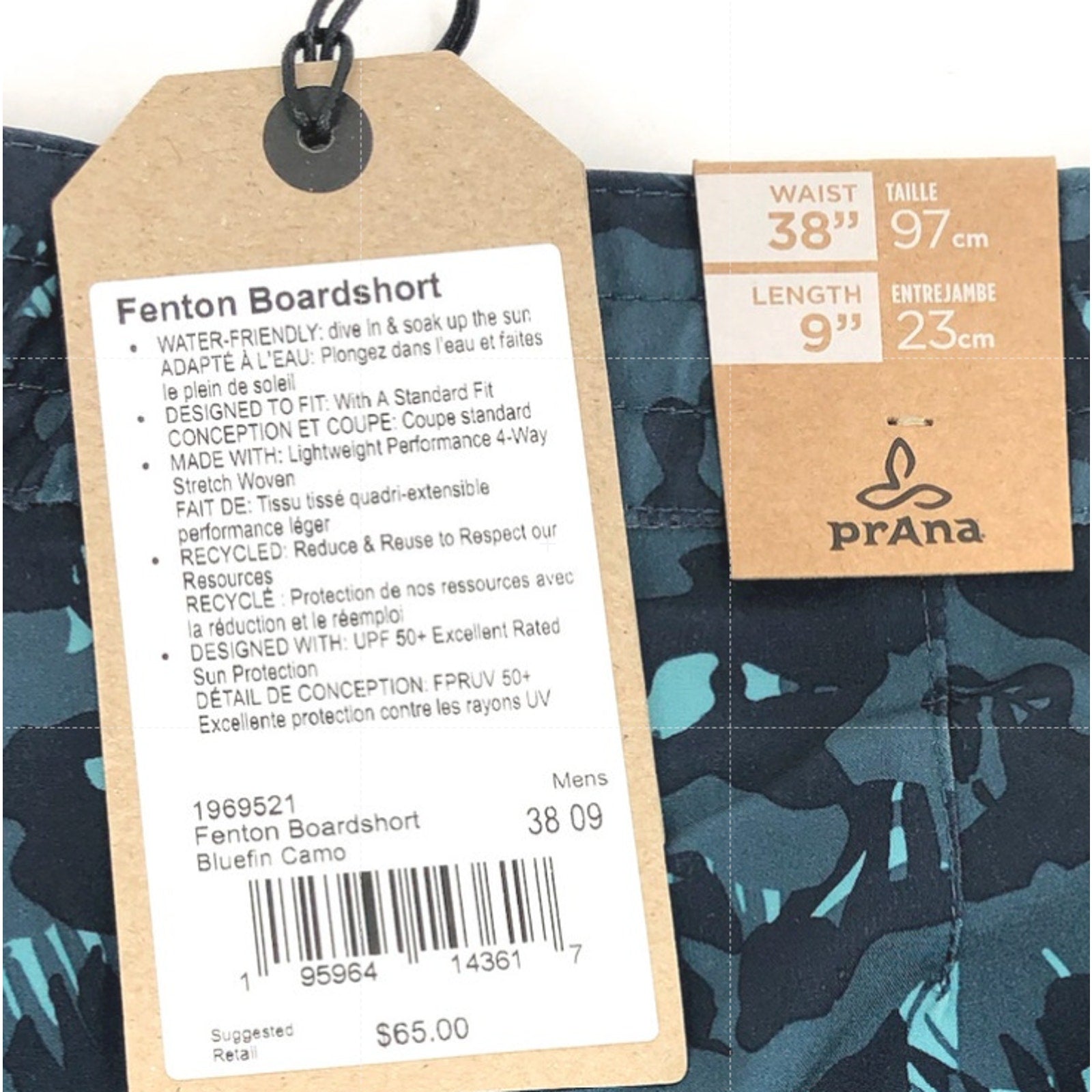 PRANA Men's Fenton Board Shorts Size 38 XL Bluefin Camo 9" Inseam UPF 50+ NWT