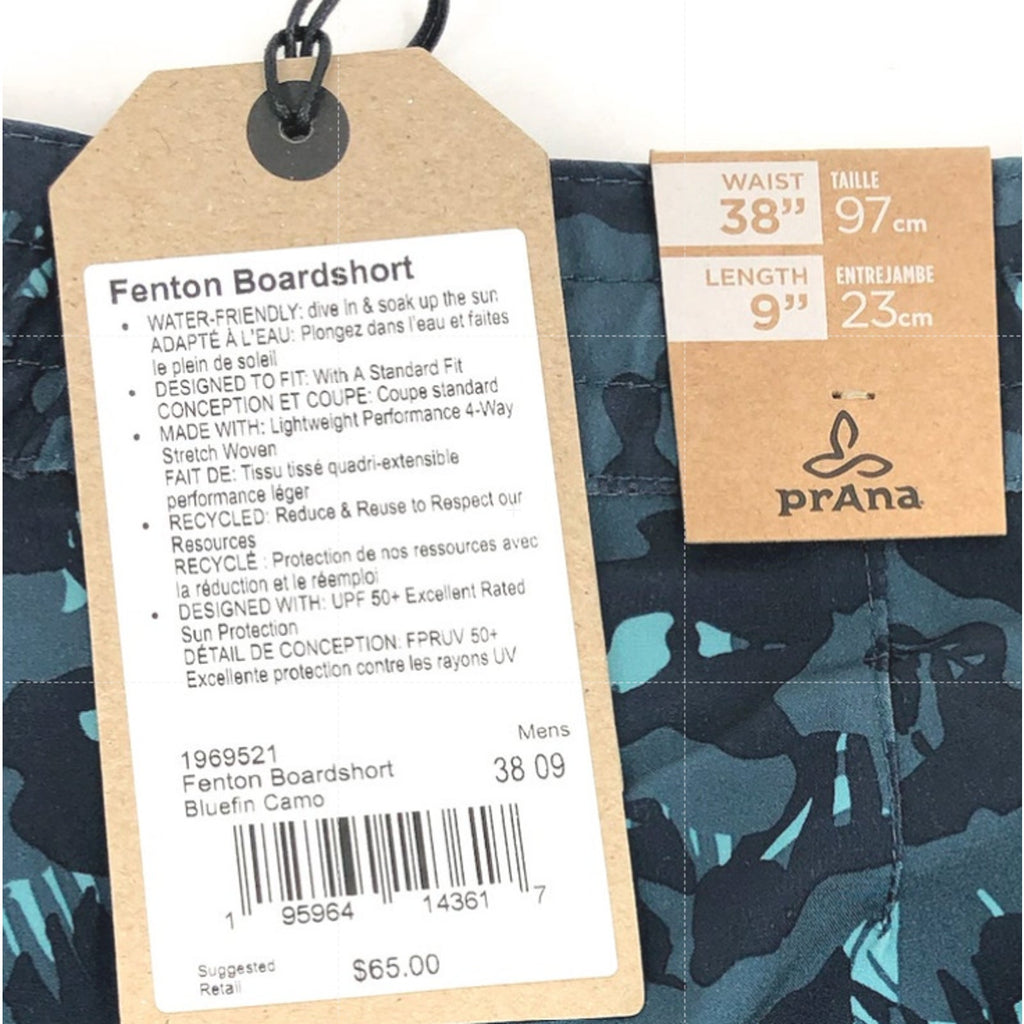 PRANA Men's Fenton Board Shorts Size 38 XL Bluefin Camo 9" Inseam UPF 50+ NWT