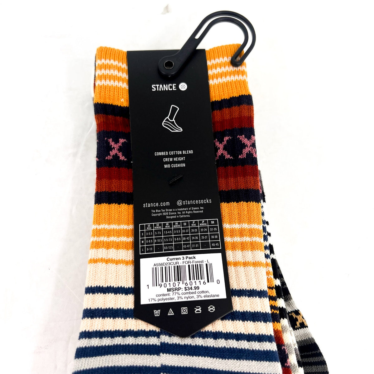 STANCE Men's Curren 3-Pack Hiking Crew Socks Large (9-13 ) Forest Striped NWT