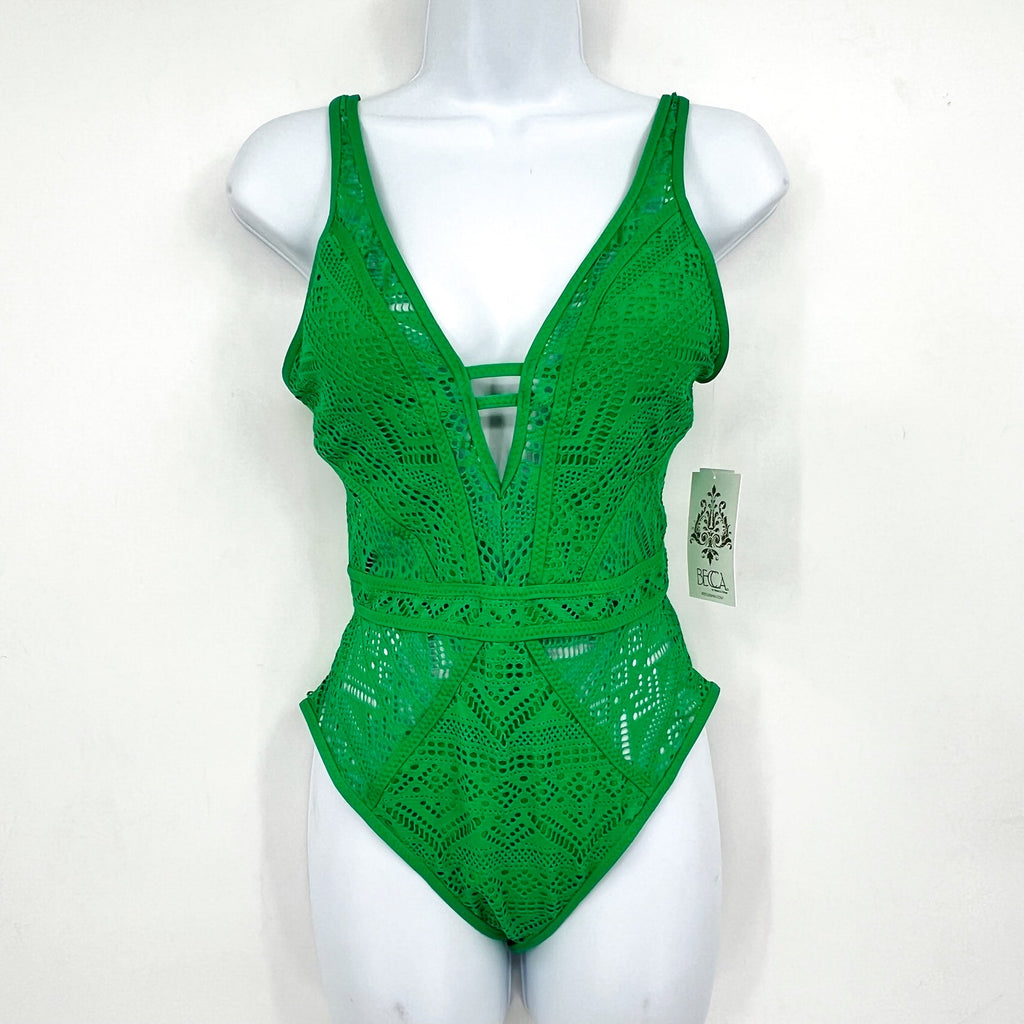 BECCA Women's Crochet Plunge One Piece Swimsuit XS Emerald Green Color Play NWT