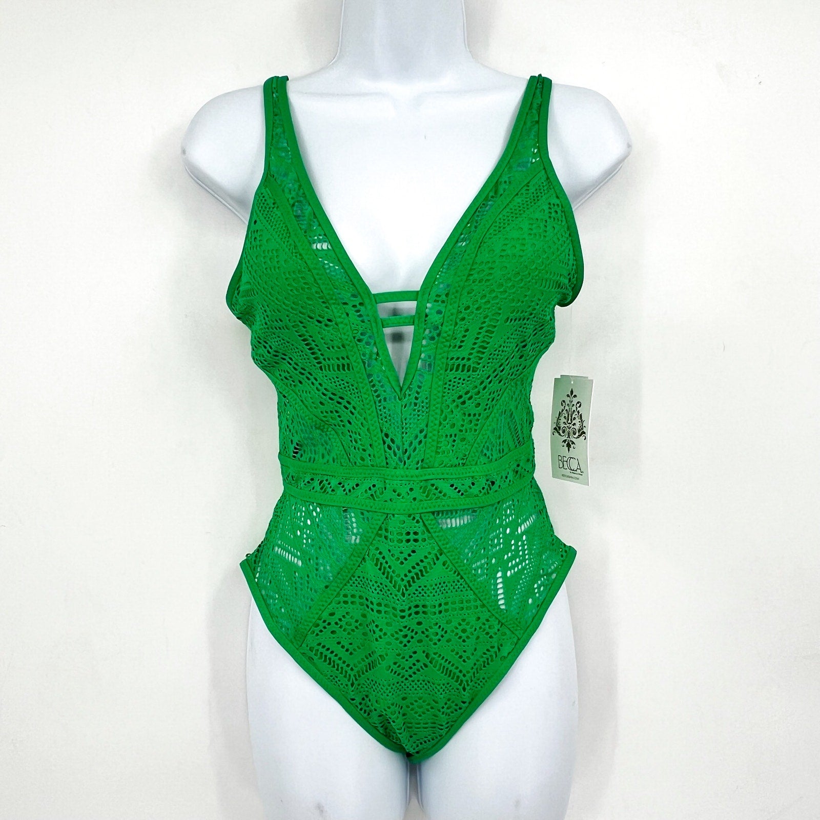 BECCA Women's Crochet Plunge One Piece Swimsuit XS Emerald Green Color Play NWT