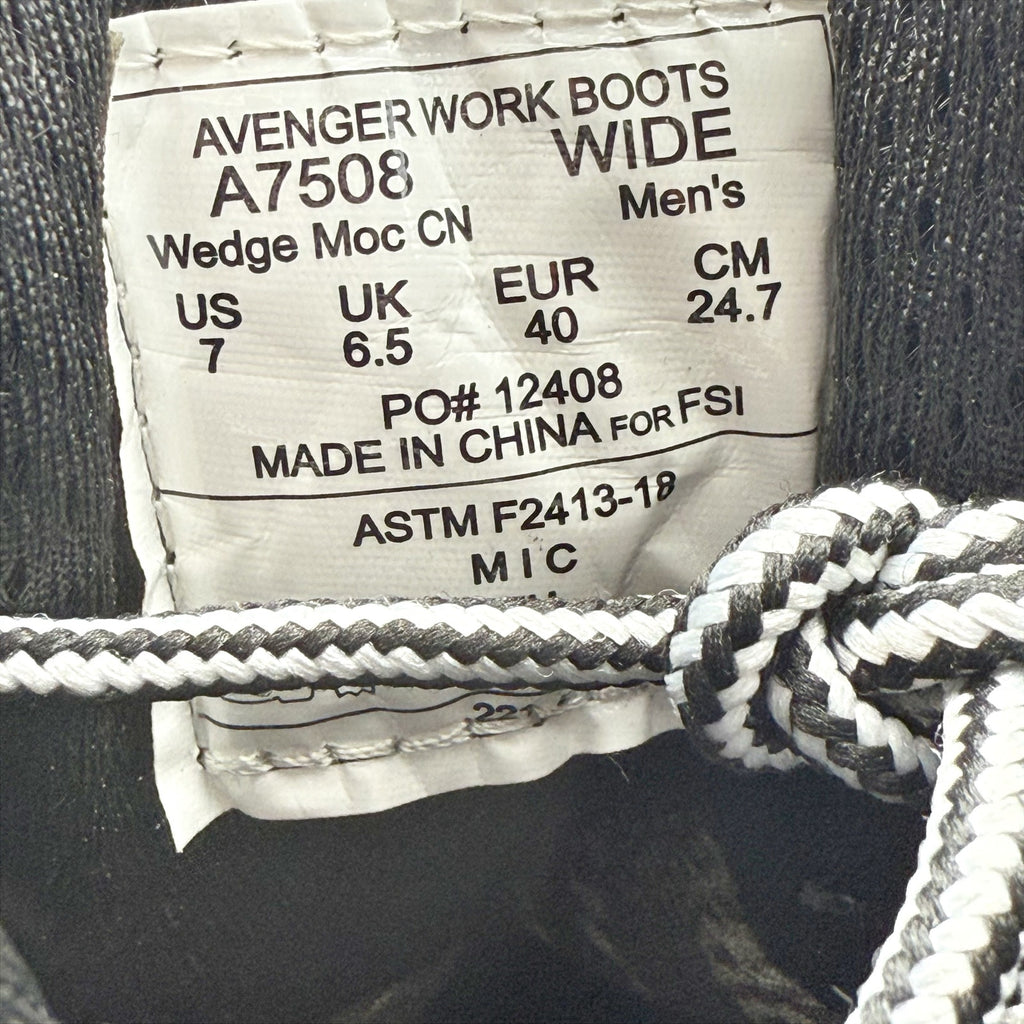 AVENGER Mens Wedge Moc Carbon Safety Toe Work Boots 7 Wide Black Leather WP NIB