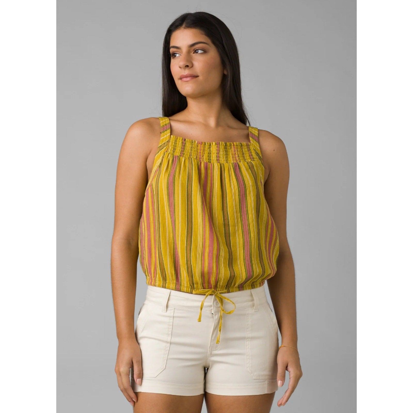 PRANA Women's Little Palm Cami Top XL Yellow Leapfrog Stripe Square Neck NWT