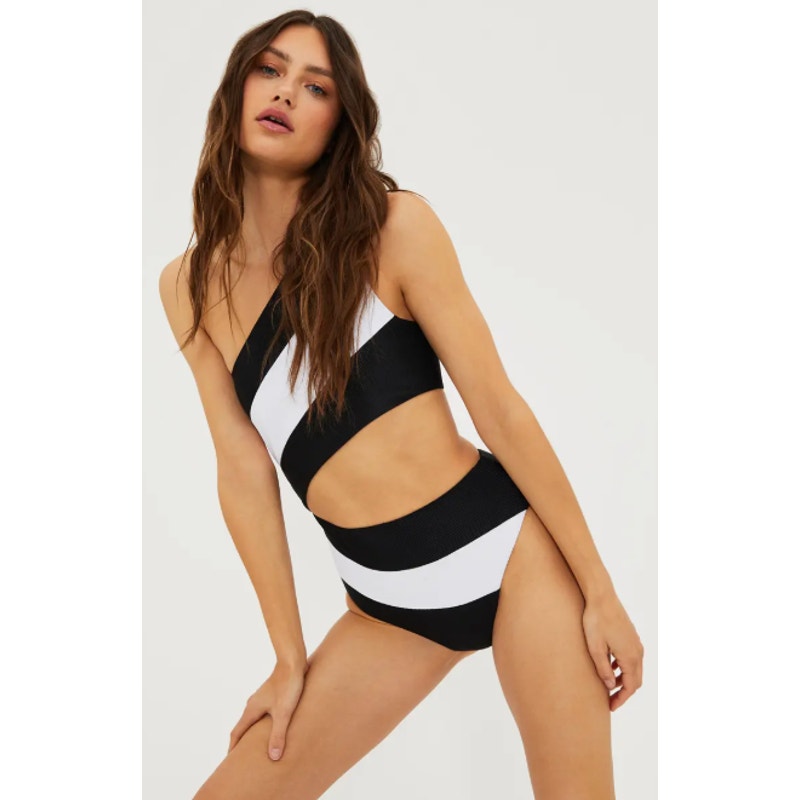 BEACH RIOT Women's Joyce One Shoulder One Piece Swimsuit Large Black White