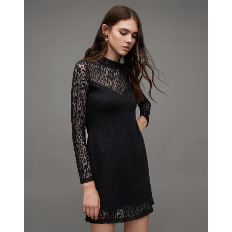 ALLSAINTS Women's Hanna Anita Devore Leopard Print Mini Dress Size 10 Black NWT
