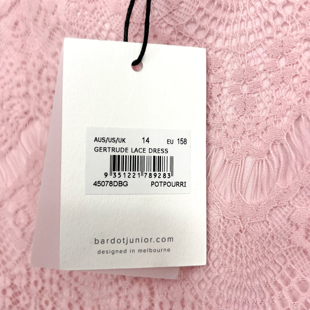 BARDOT JUNIOR Girl Gertrude Lace Dress Size 14 Pink Potpourri Long Sleeve NWT