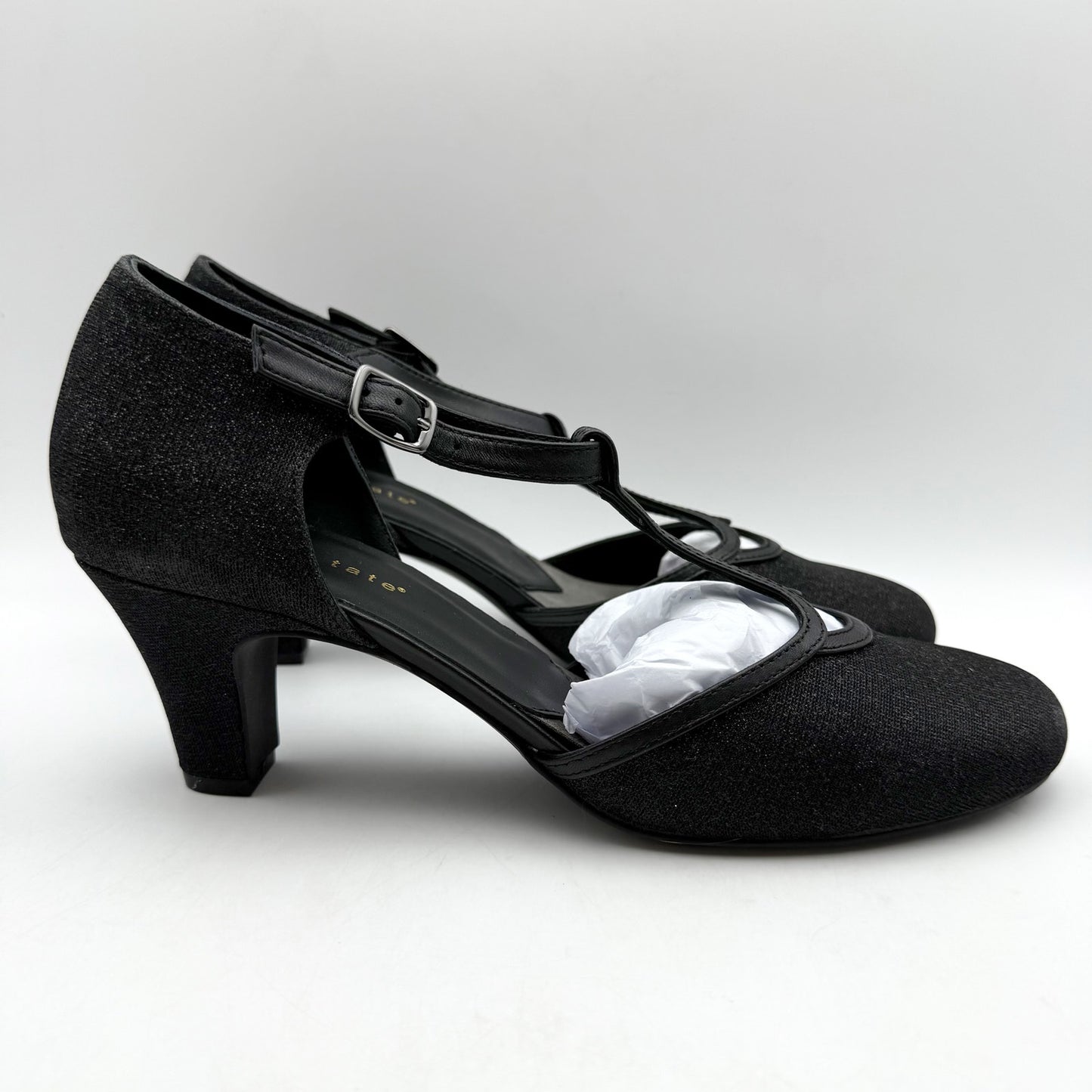 David Tate Womens Fantastic Heels 10 NARROW Black Glitter Fabric T-Strap NIB