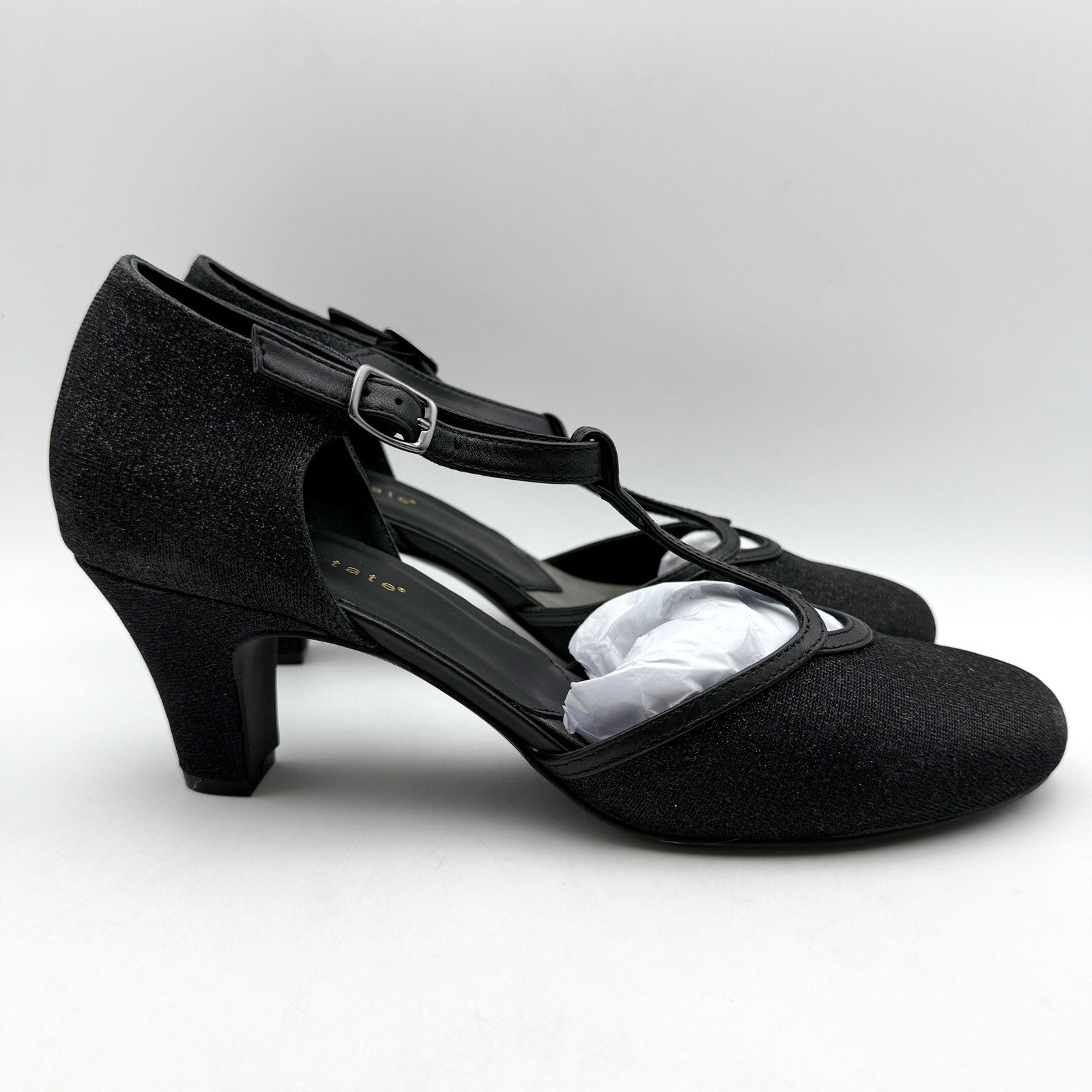 David Tate Womens Fantastic Heels 10 NARROW Black Glitter Fabric T-Strap NIB