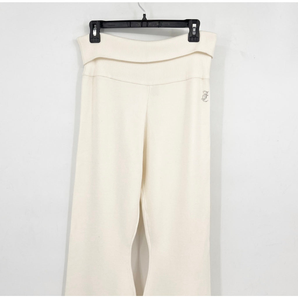 JUICY COUTURE Women's Knit Flare Pants Large White Angel Fold Over Band NWT