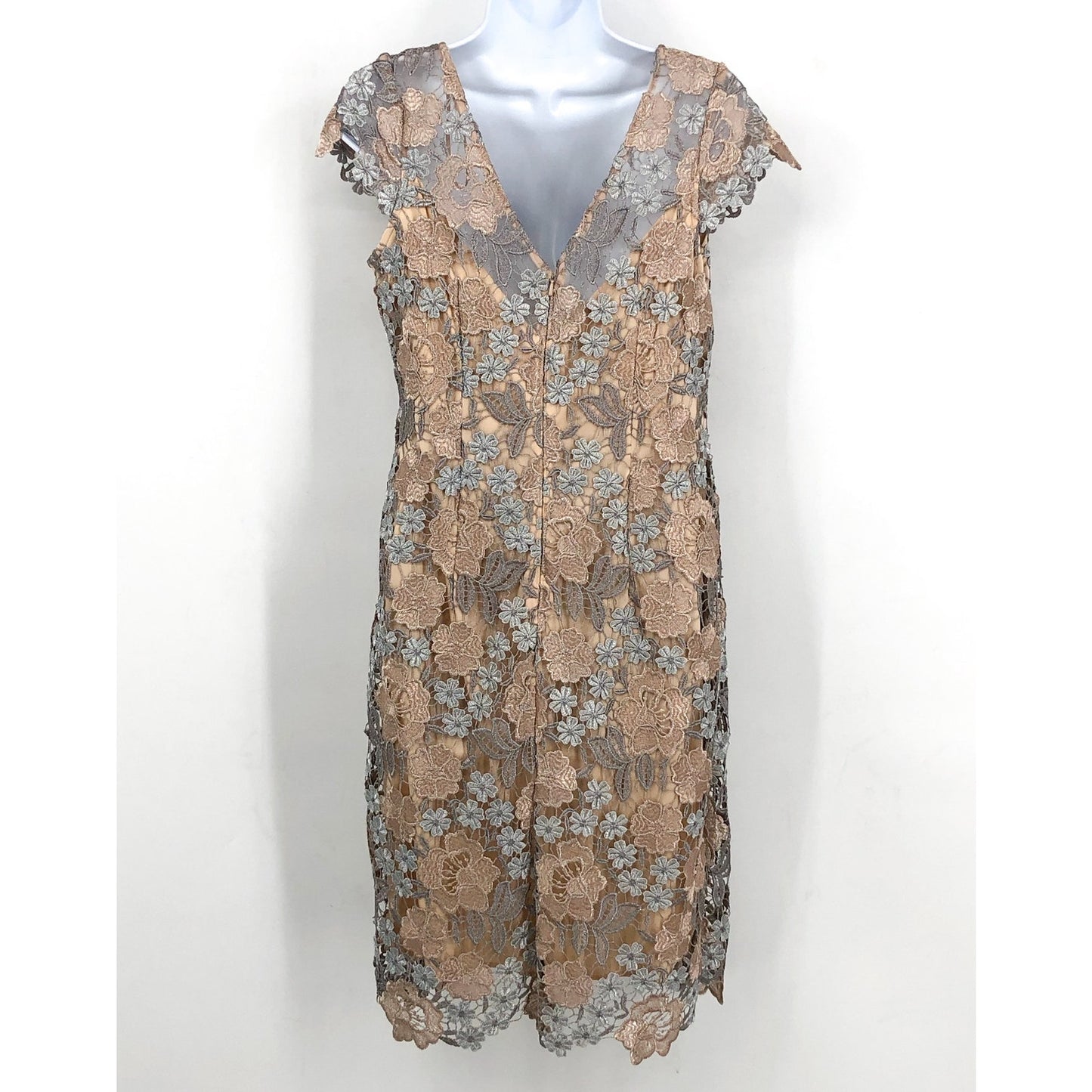 XSCAPE Floral Lace Sheath Dress Size 6 Rose Gold Short Sleeve Boat Neck NWOT