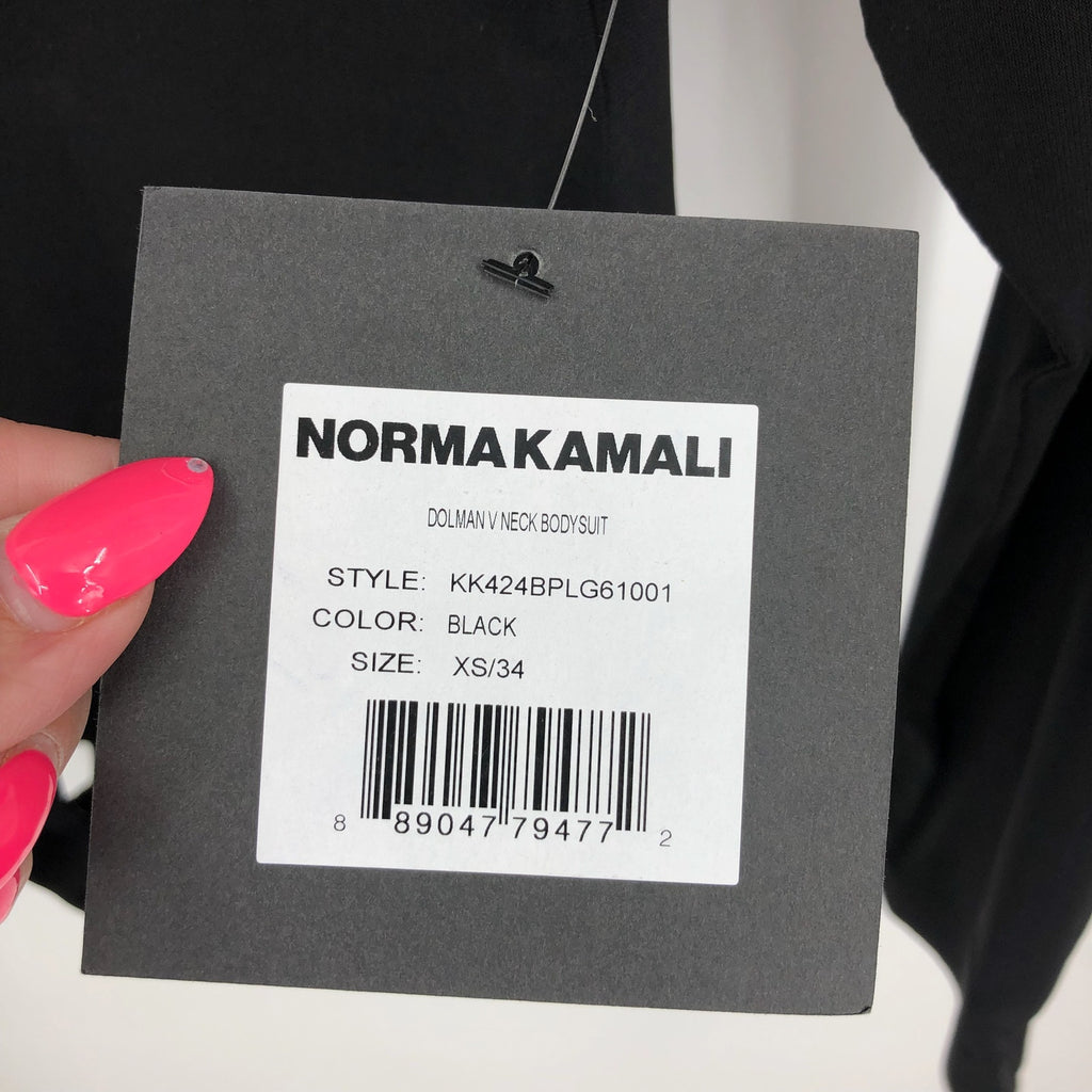 NORMA KAMALI Women's Dolman V Neck Bodysuit XS 34 Black Long Sleeve NWT