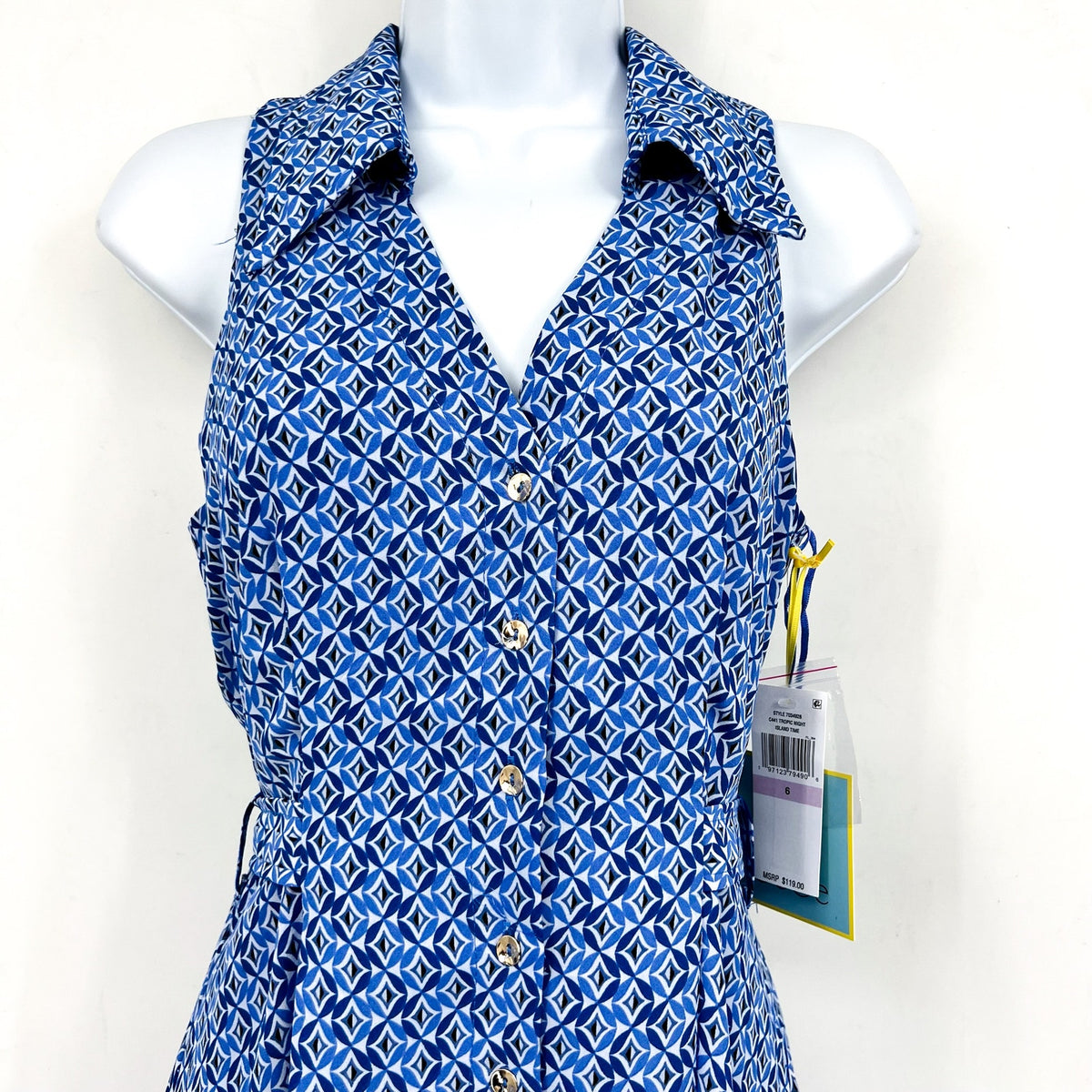 CECE Midi Shirt Dress Size 6 Blue Print Sleeveless V-Neck Belted Waist NWT