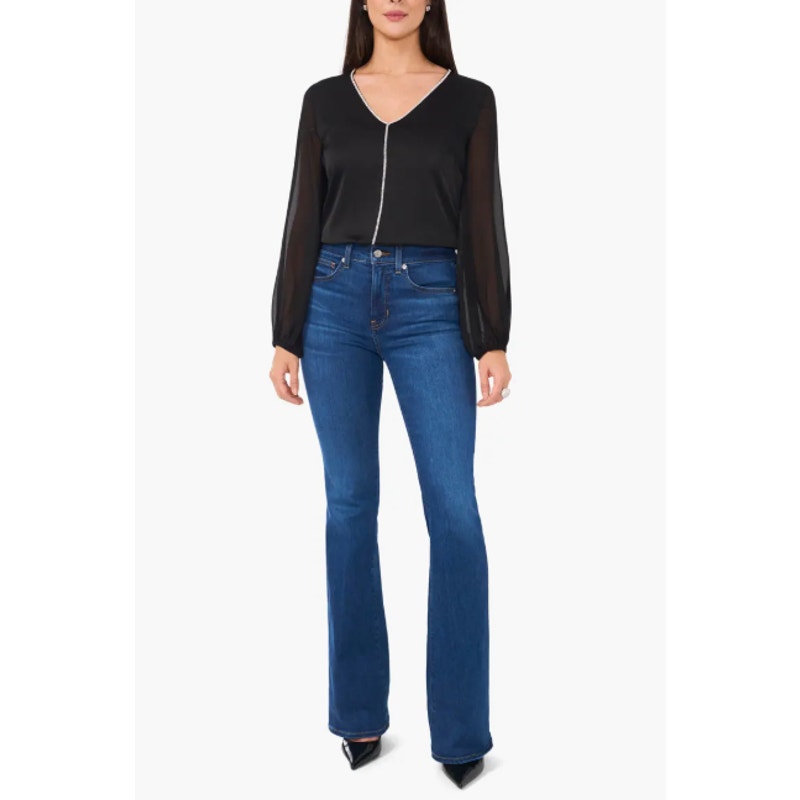 VINCE CAMUTO Womens Rhinestone-Trim Top Small Black V Neck Sheer Long Sleeve NWT