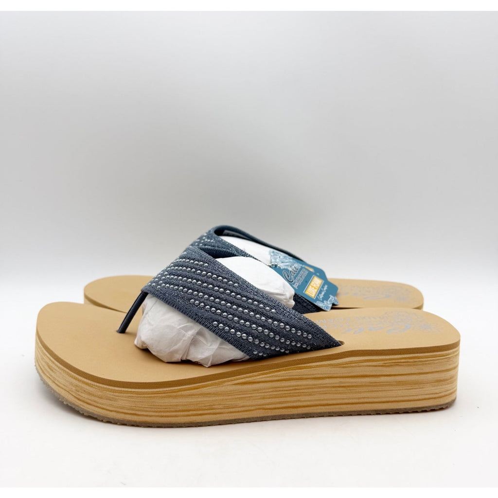 Skechers Women's Summers Mid Wedge Thong Sandals Size 8 EU 38 Slate Blue Tan NIB