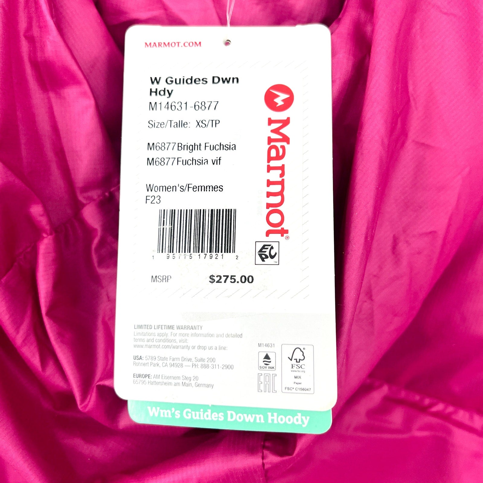 MARMOT Women's Guides Down Hoody Coat XS Pink Bright Fuchsia Puffer NWT