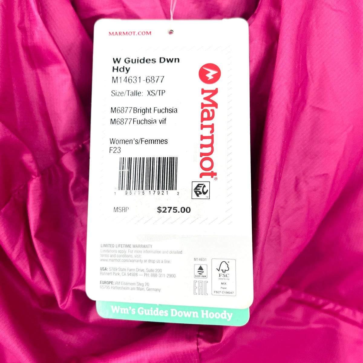 MARMOT Women's Guides Down Hoody Coat XS Pink Bright Fuchsia Puffer NWT