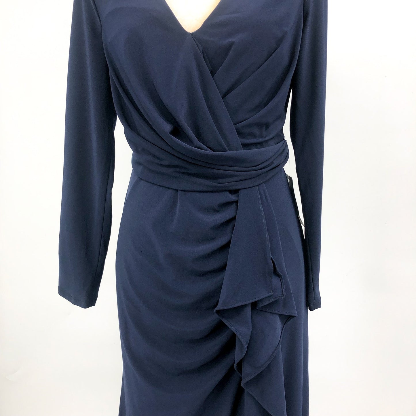 BETSY & ADAM Elle Gown Size 12 Navy Blue Long Sleeve Side Ruffled Slit NWT