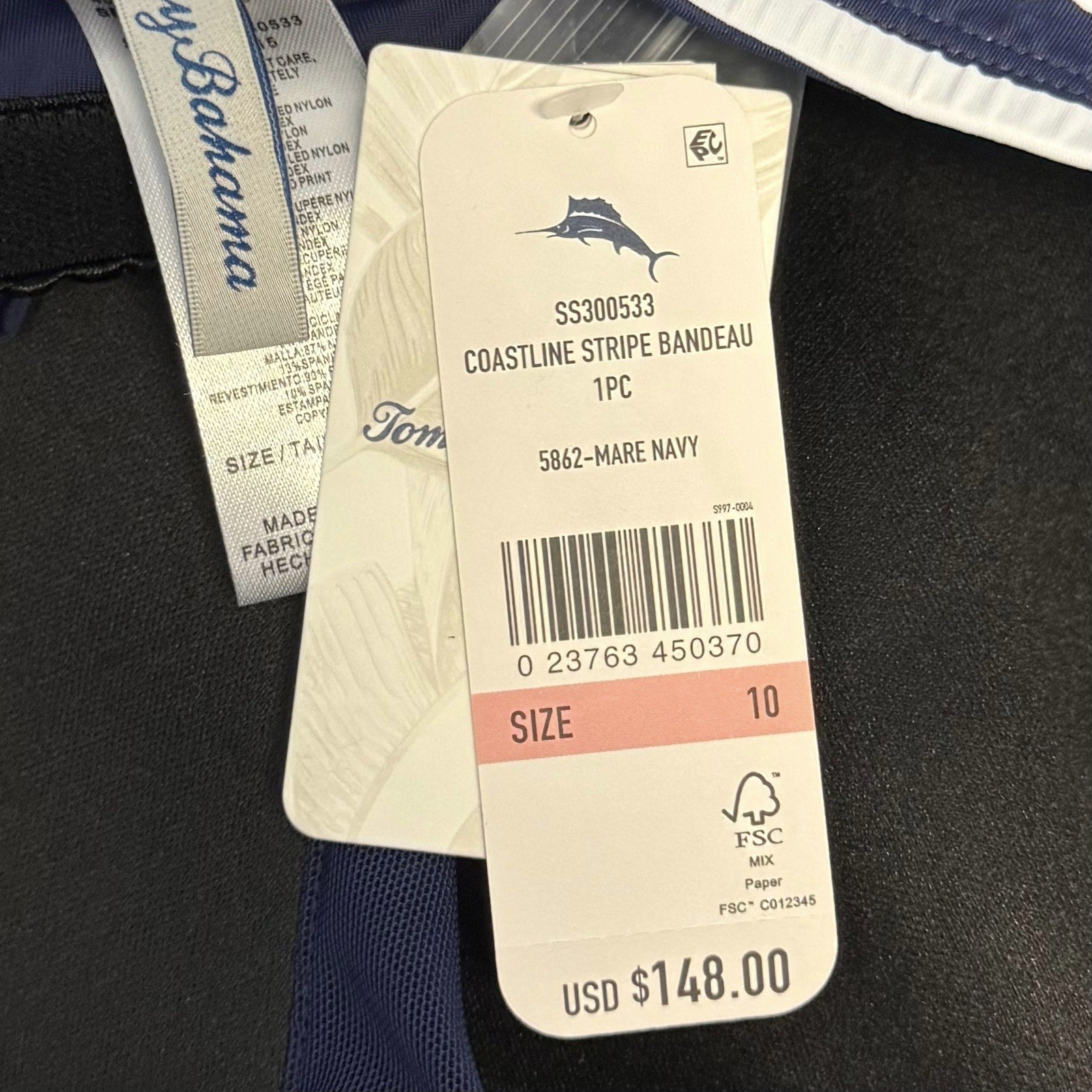 TOMMY BAHAMA Coastline Stripe Bandeau One Piece Swimsuit Size 10 Blue White NWT