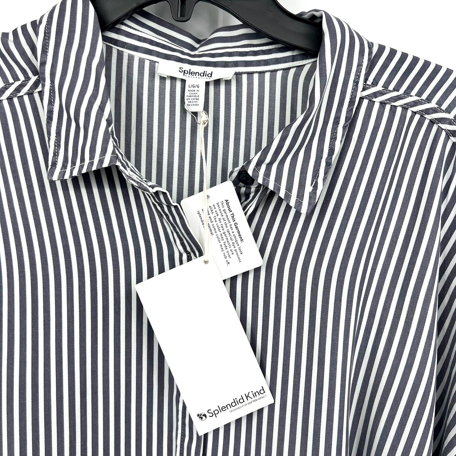 SPLENDID COLLECTION Ella Stripe Button Down Shirt Large Gray White NWT