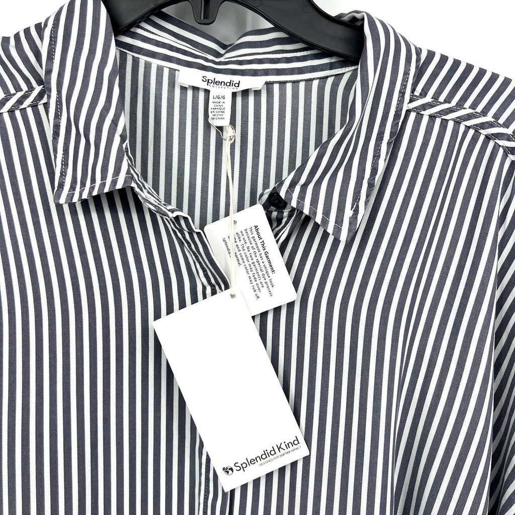 SPLENDID COLLECTION Ella Stripe Button Down Shirt Large Gray White NWT