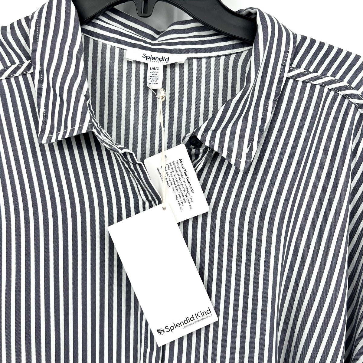 SPLENDID COLLECTION Ella Stripe Button Down Shirt Large Gray White NWT