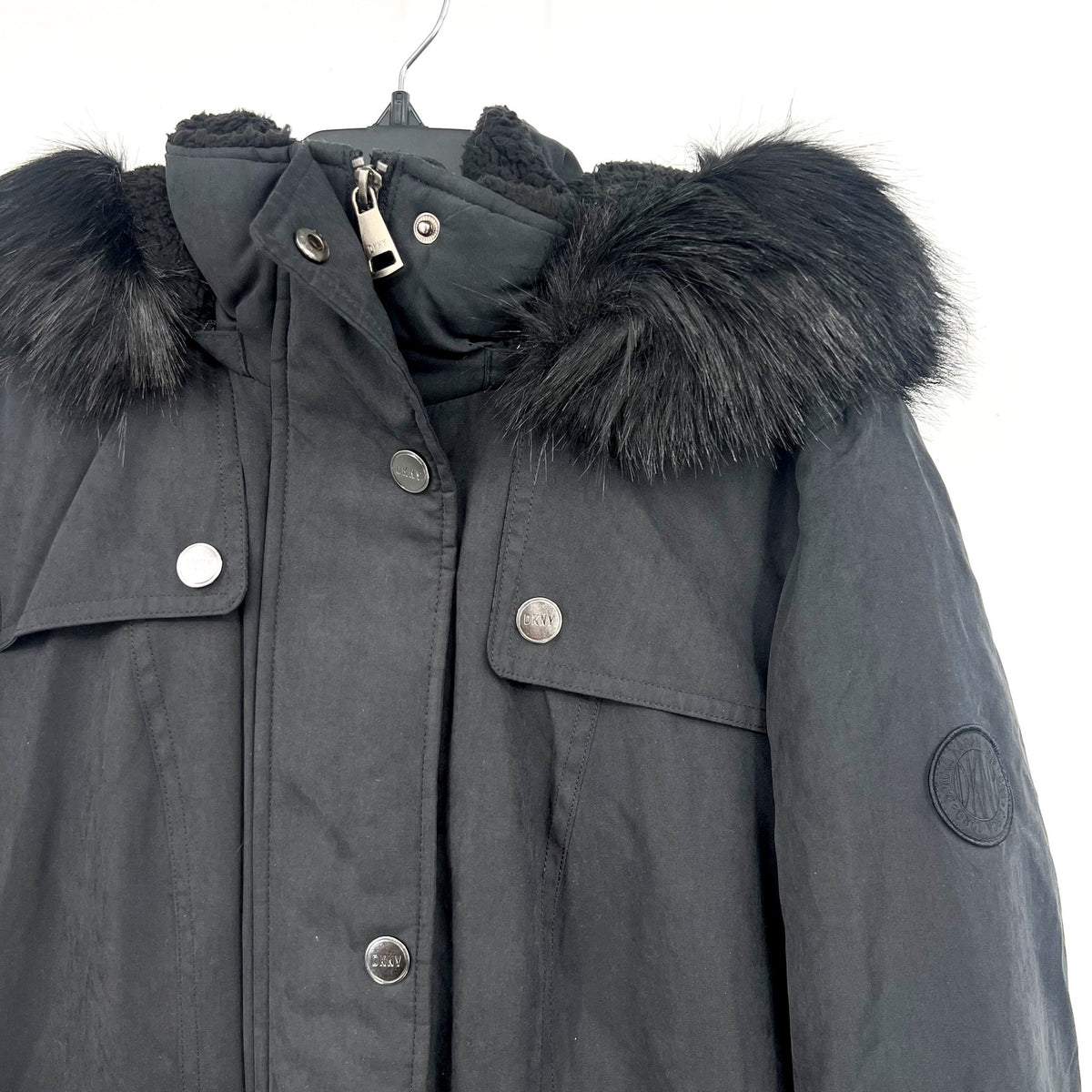 DKNY Women's Faux Fur Hood Anorak Winter Coat XS Black Belted NWT