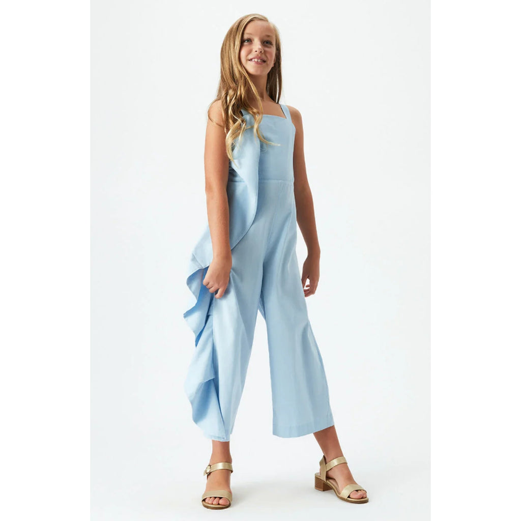 BARDOT JUNIOR Girls Nelly Ruffle Jumpsuit Size 6 Small Sky Blue Square Neck NWT