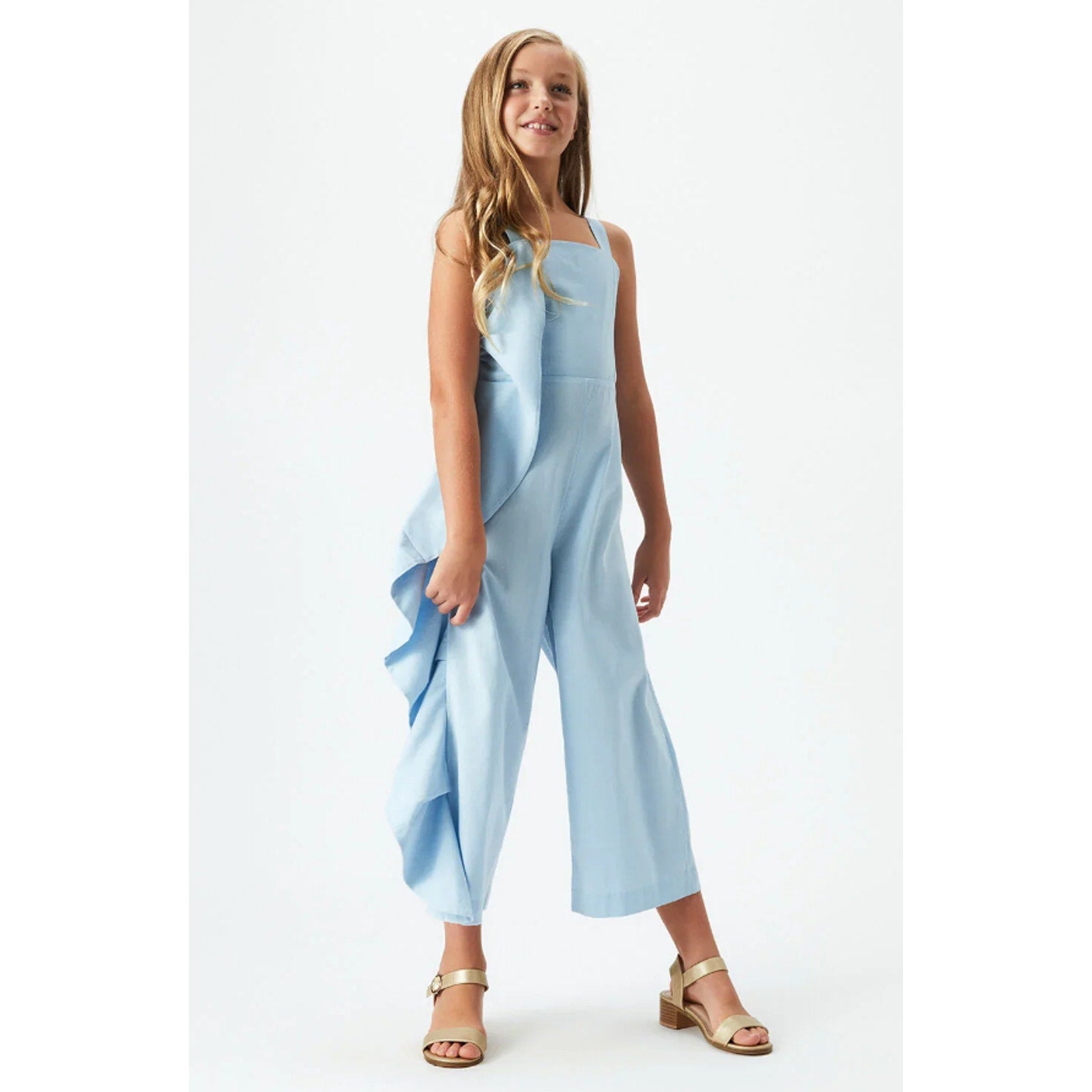 BARDOT JUNIOR Girls Nelly Ruffle Jumpsuit Size 6 Small Sky Blue Square Neck NWT