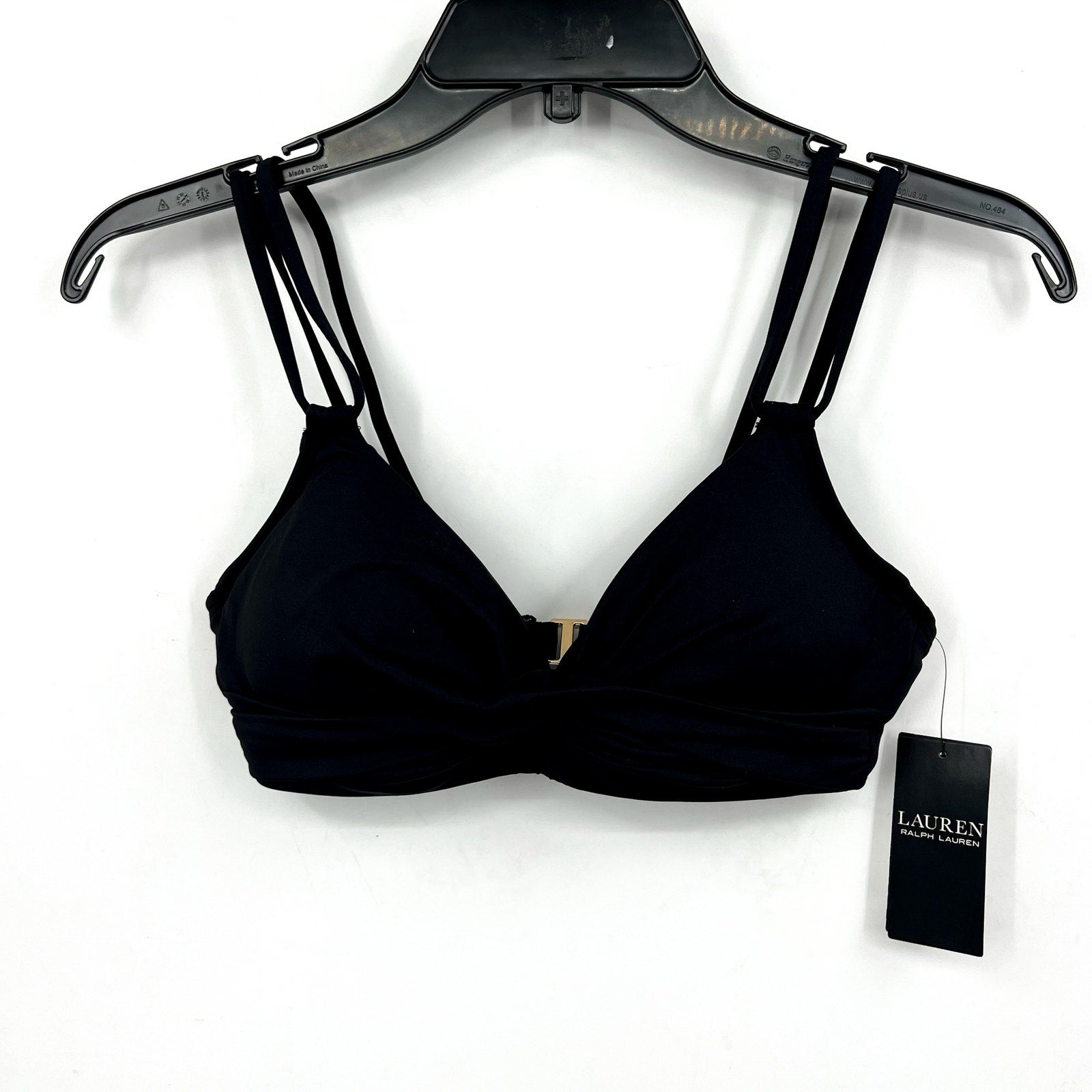 LAUREN RALPH LAUREN Double Strap Twist Bikini Top Size 4 Black Underwire NWT