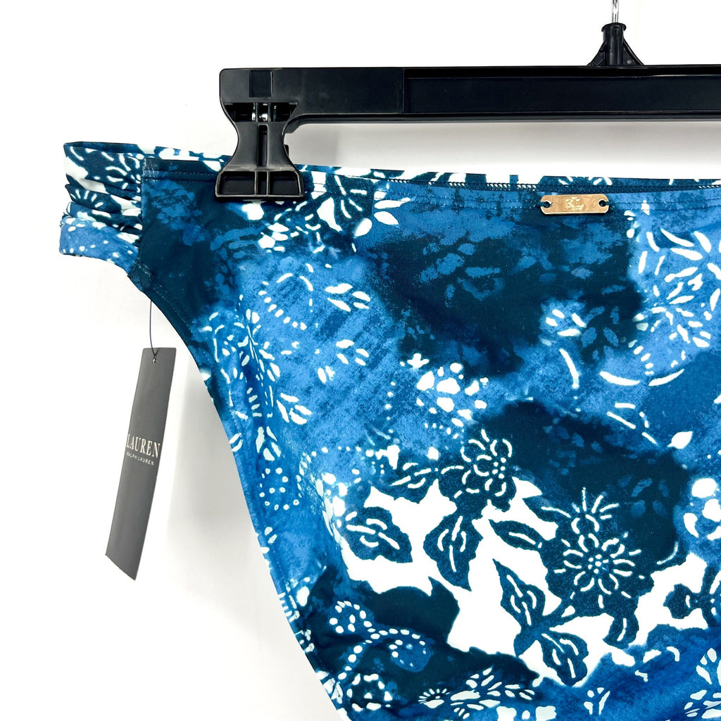 LAUREN RALPH LAUREN Patchwork Hipster Bikini Bottom Size 10 Blue Shirred NWT