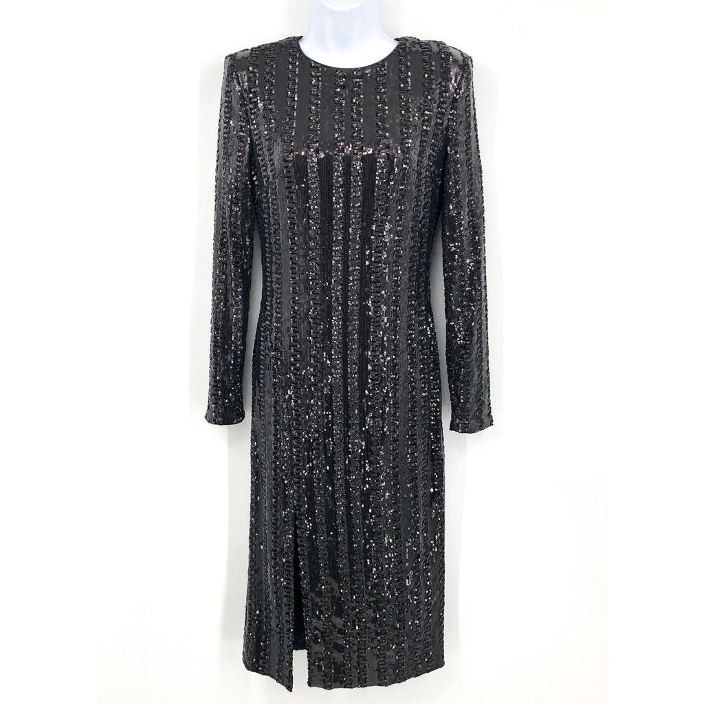 Dress The Population Long Sleeve Sequin Midi Dress Small Black Front Slit NWOT
