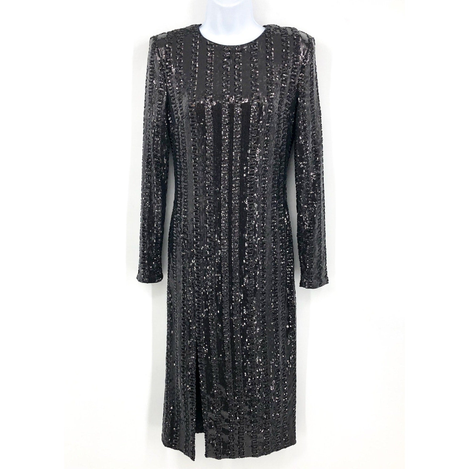 Dress The Population Long Sleeve Sequin Midi Dress Small Black Front Slit NWOT