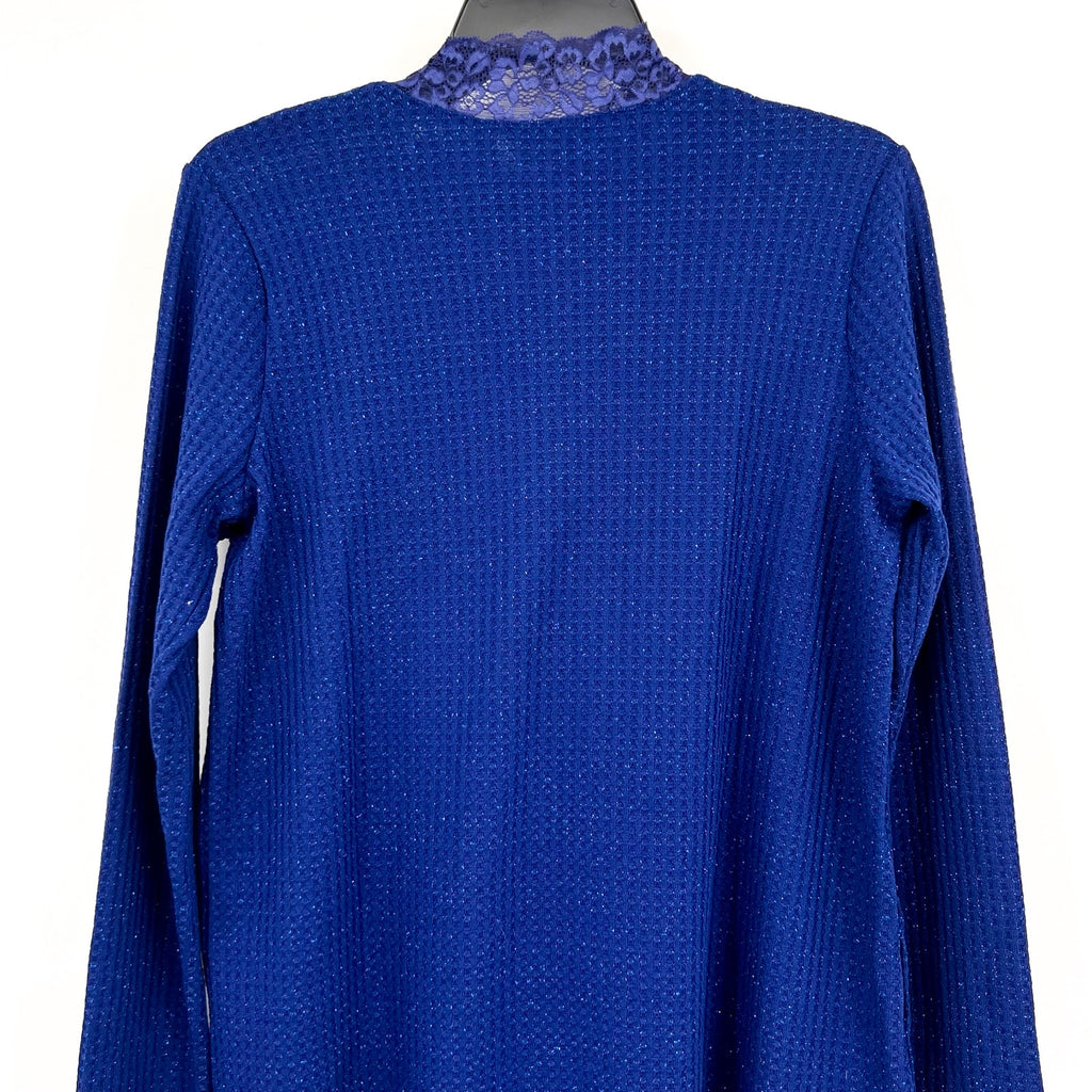 LOGO LORI GOLDSTEIN Metallic Waffle Knit Top Small Blue Sodalite Mock Neck NWOT