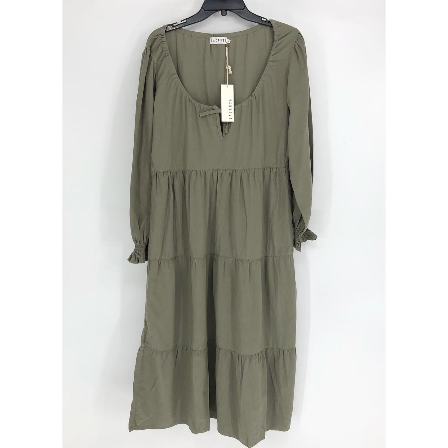 LACAUSA Women's Tate Tiered Midi Dress Small Eucalyptus Green Long Sleeve NWT