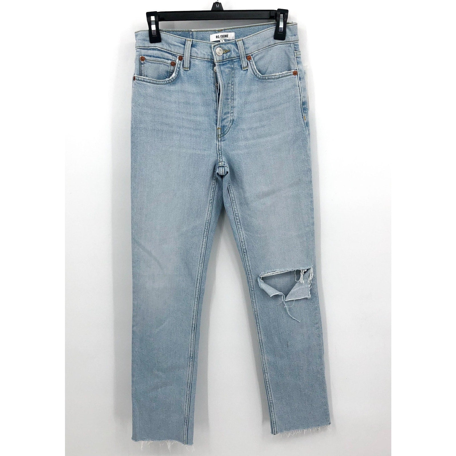 RE/DONE Womens 80s Slim Straight Jeans Size 26 US 2 Icy Blue Hole Button Fly NWT