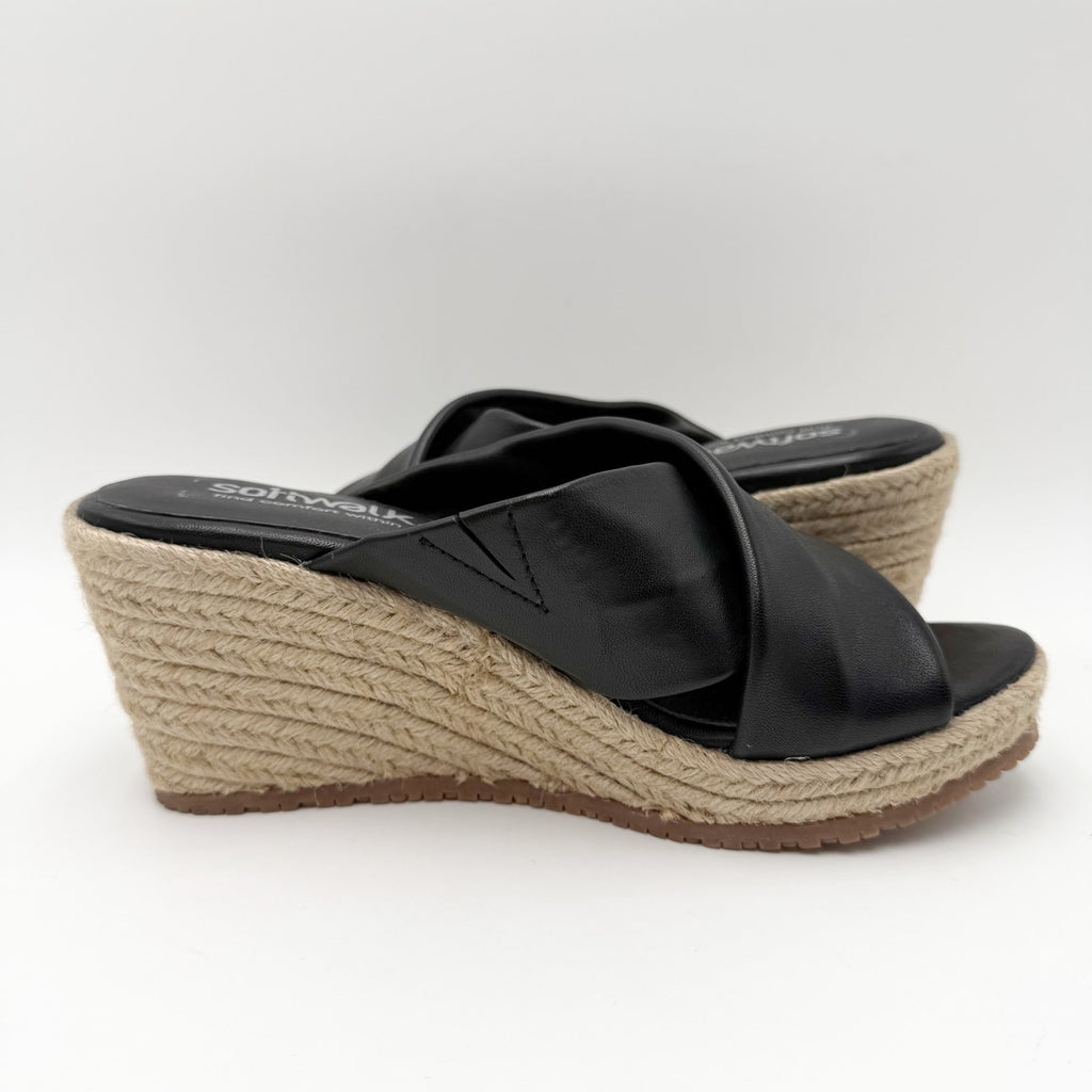 SoftWalk Womens Halsey Wedge Sandal Size 7.5 NARROW Black Leather Espadrille NIB