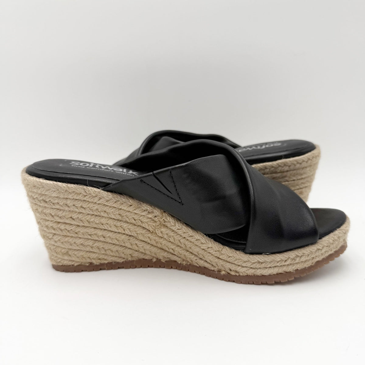 SoftWalk Womens Halsey Wedge Sandal Size 7.5 NARROW Black Leather Espadrille NIB