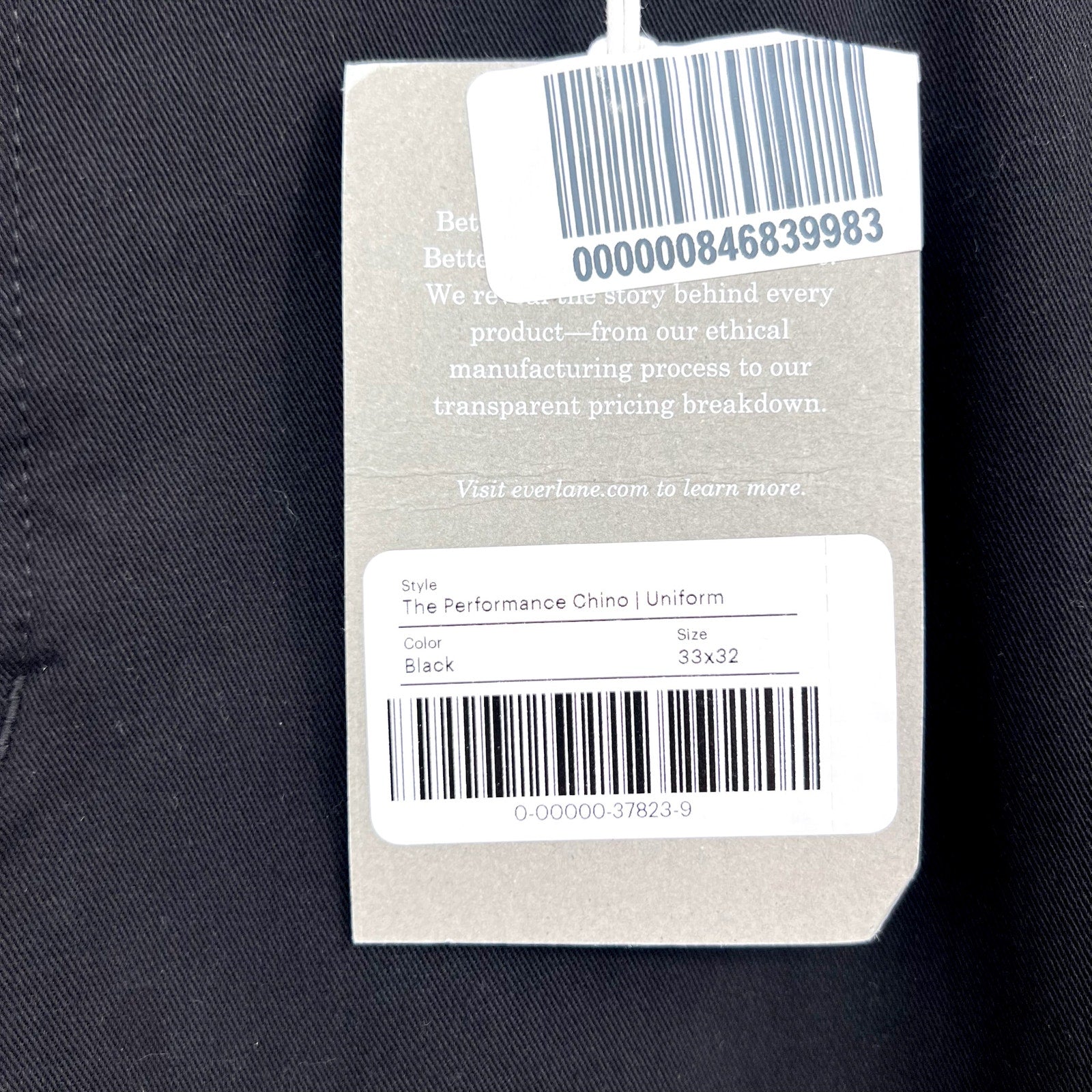 EVERLANE Men's Uniform Performance Chino Pants 33x32 Black Slim Fit NWT